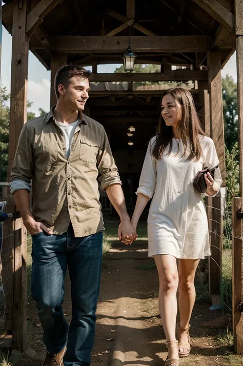 Make a photo of husband and wife holding hands in a rural setting 