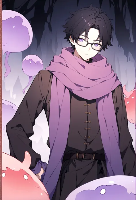 Male gender person, set in a fantasy world, 17 years, short black hair, black glasses, purple scarf, black and red medieval style clothing, with purple slime