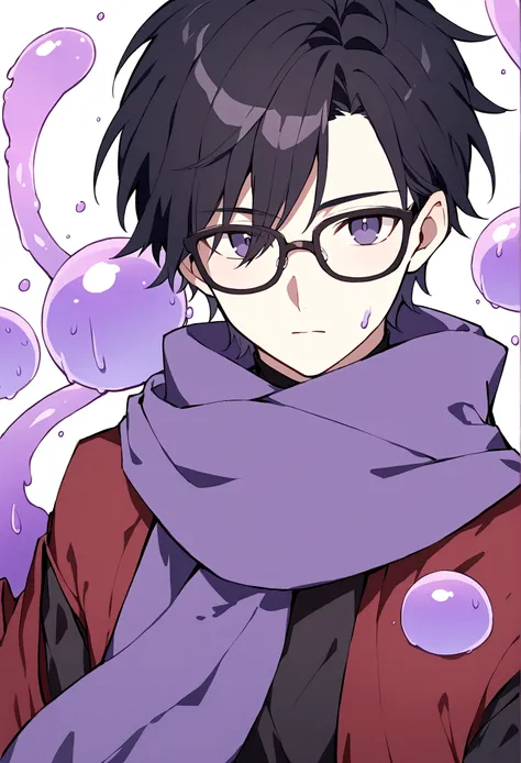 Male gender person, set in a fantasy world, 17 years, short black hair, black glasses, purple scarf, black and red medieval style clothing, with purple slime