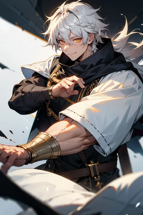 1male , Greyish White Hair , Golden Eyes , Smiling Expression , Messy Hair , Muscular , Black Viking Clothing , Combat Clothing , Perfect Generation , Young Male , Snowy Tundra Background 