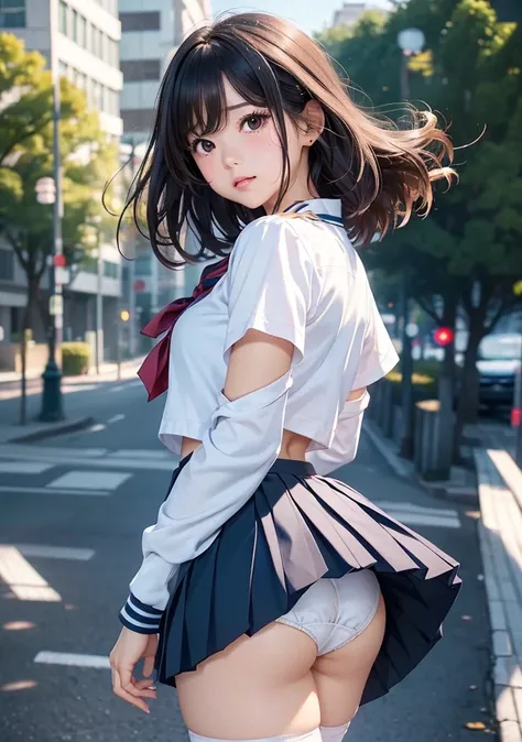 One Girl、blush、Embarrassed look、Perfect Anatomy、Short Bob、Small breasts、(((White student sailor uniform、Dark navy blue pleated student mini skirt、Black knee socks)))、((Hair tousled by the wind、Messy Hair、Broken hairstyle))、(((The wind blows up my skirt:1.3...