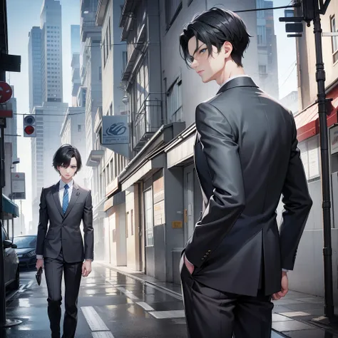 Realistic Anime style, 1boy, short black hair, light blue eyes, wearing all grey suits, street, midnight, high res, ultrasharp, 8k, masterpiece, looking at viewer from behind