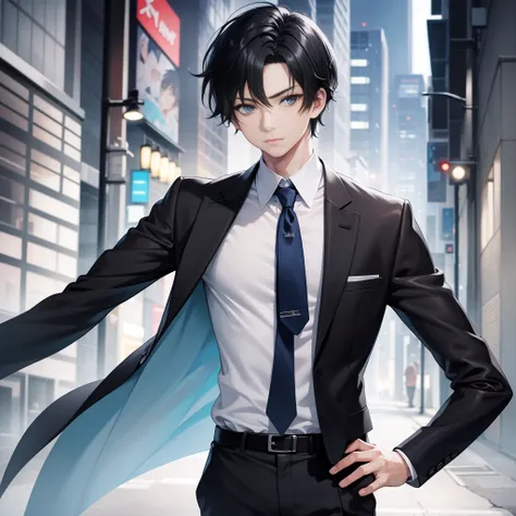 Realistic Anime style, 1boy, short black hair, light blue eyes, wearing all grey suits, street, midnight, high res, ultrasharp, 8k, masterpiece, looking at viewer from behind