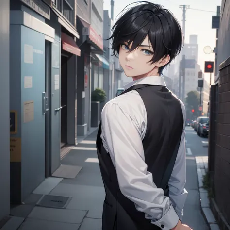 Realistic Anime style, 1boy, short black hair, light blue eyes, wearing all grey suits, street, midnight, high res, ultrasharp, 8k, masterpiece, looking at viewer from behind