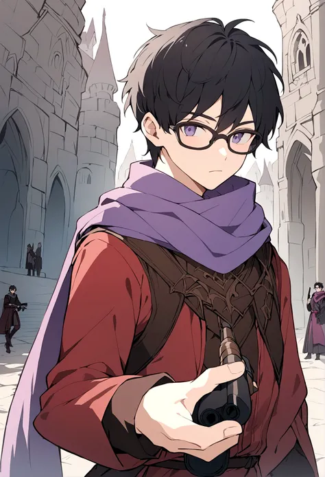 Male gender person, set in a fantasy world, 17 years, short black hair, black glasses, purple scarf, black and red medieval style clothing, with a gun in his hand