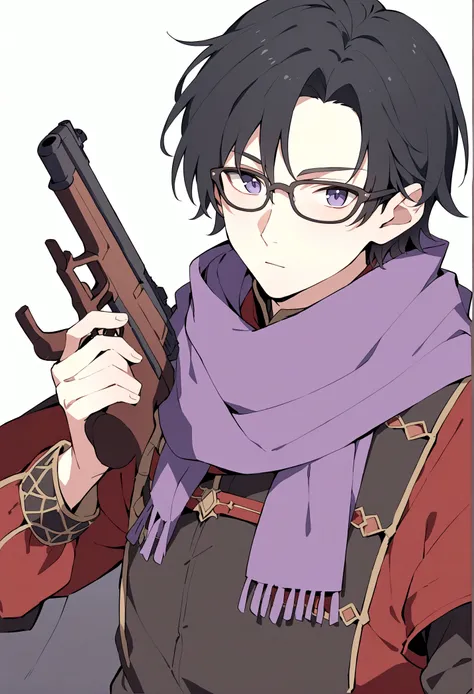 Male gender person, set in a fantasy world, 17 years, short black hair, black glasses, purple scarf, black and red medieval style clothing, with a gun in his hand