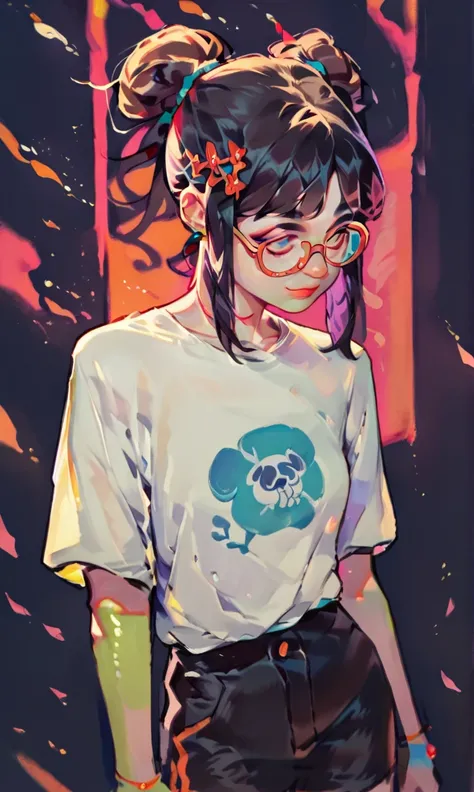 (score_9, score_8_up), score_7_up, score_6_up, score_5_up, score_4_up, 1girl, rim lights, pale skin, pigtail hair, long black hair, hair pin, black background, vibrant, high contrast, painterly, traditional oil paint, white t-shirt with panda face design o...