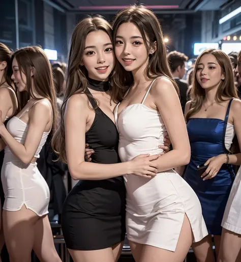 two brunette girls with big chests and beautiful dresses hugging each other smiling into the camera in a nightclub, smoke crowd and lights in the background, dramatic lighting 