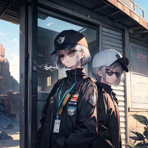 (((Smoke a cigarette　Wear sunglasses　Security Officer　Wear a hat　1 person)))　(((Gray Hair　Short Hair　blue eyes　girl)))，((noon　wilderness　In the middle of the desert))，(Shining Sun　Rolling Skull)，　Shining Background　Shining Edge