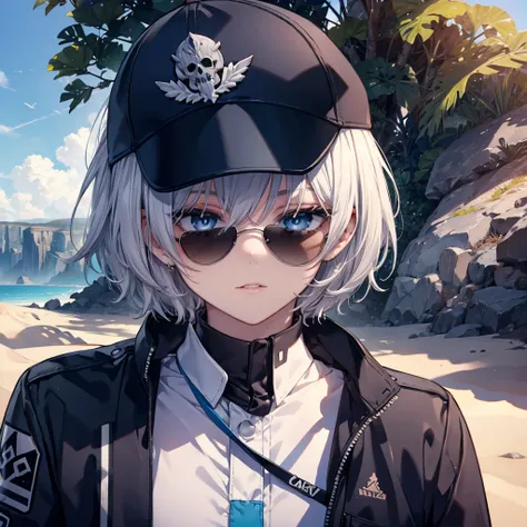 (((Smoke a cigarette　Wear sunglasses　Security Officer　Wear a hat　1 person)))　(((Gray Hair　Short Hair　blue eyes　girl)))，((noon　wilderness　In the middle of the desert))，(Shining Sun　Rolling Skull)，　Shining Background　Shining Edge