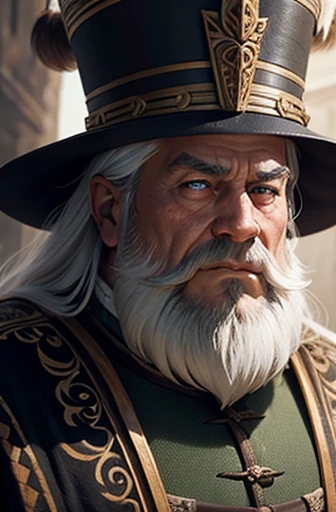 Silver hair and beard、Amber eyed、A dwarf male scholar in fine clothing and a feathered hat