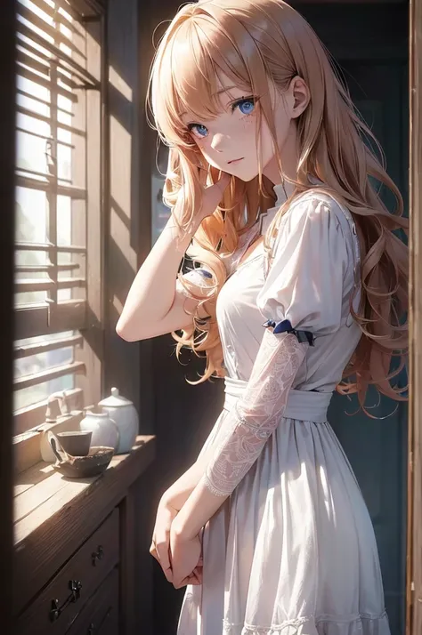 ((1 Female, 1 person, Solitary) Alice,  Humanity, Long curly blond hair, blue eyes, freckle, teenager, 18 years, Rebirth_ongoing) (Main Part, Super detailed, 8K, (HD, Sunlight:0.5, Soft_shadow:0.5, atmosphere_light, 8K, 4K, Surrealism, elegant, ((((Appeara...