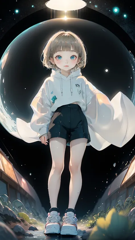 delicate、detailed、high quality、high resolution、４K、high quality、Short Mash Hair、Short Hair、Blonde Hair Color、Turquoise Eyes、white色のパーカー、Black hot pants、Black sneakers、Childish, high quality、超detailedな、(1 girl in:1.3)、internal、Elementary school girls、 girl，，...