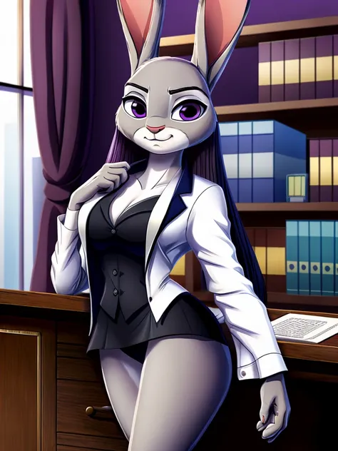 best quality,
masterpiece,
Realistic,
Portrait,
Looking at the audience,
detailed background,
background is an office,

(Face is JudyHopps:1.15),
NamiFinal,
((long straight hair)),
wispy bangs, bangs,
purple eyes,
(arched eyebrows:1.1),
(uplift eyebrows:1....