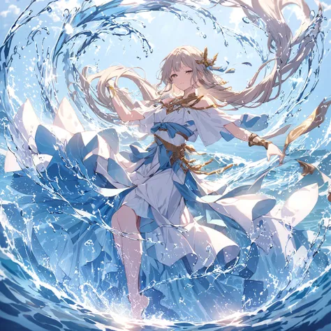 A mysterious water messenger in ancient costume，Dancing Alone。She is the embodiment of the water element.，Long hair in a wavy ponytail，Dancing gracefully in the water。Surrounded by gorgeous water effects，Every step of the dance is like rippling water，Exude...