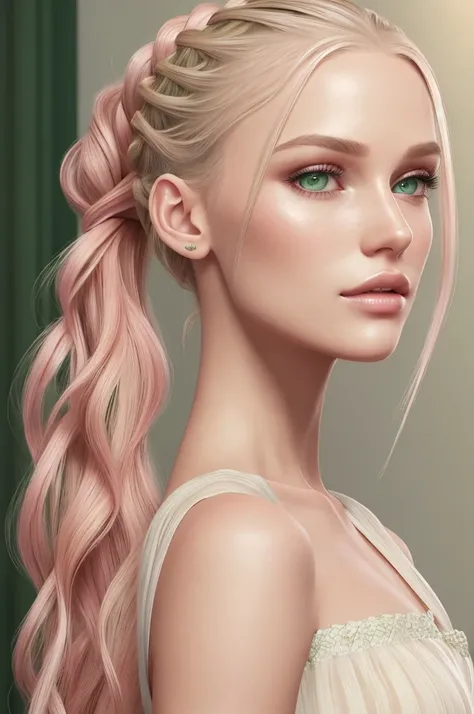 photorealistic, realistic,
Girl, green eyes, clear skin, soft makeup, long streaked green/pink hair, {loose hair, updo hair, ponytail, braids}, realistic soft skin.