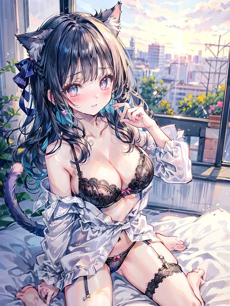 (Best quality, 8k, 32k, Masterpiece, UHD,:1.2),RAW, ((2girls)),ultra cute , natural lighting,transparent shining eyes, 20yo,medium breast ,fair complexion ,flushed face, Micro bra and panties, lace bra and panties, sexy bra and panties, cat ears, (cat tail...