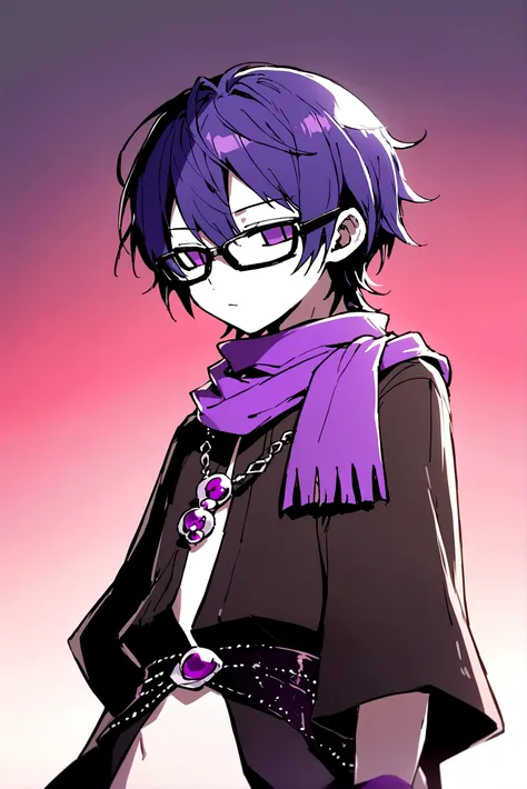 Male gender person, set in a fantasy world, 17 years, short purple hair, black glasses, purple scarf, black and red medieval style clothing, shota, naked