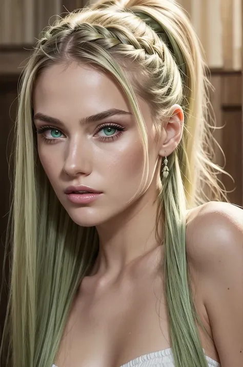 Portrait, photorealistic, realistic, Girl, green eyes, clear skin, soft makeup, long streaked green/pink hair, {loose hair, updo hair, ponytail, braids}, realistic soft skin.