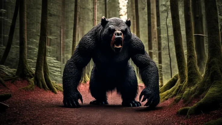 giant monsters, giant bear, lava, evil夢の獣, wildlife photography, super detailed, spooky forest, dark atmosphere, spooky lighting...