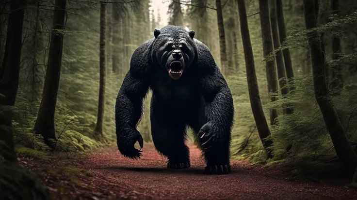 giant monsters, giant bear, lava, evil夢の獣, wildlife photography, super detailed, spooky forest, dark atmosphere, spooky lighting...