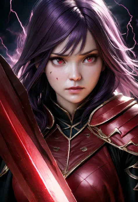 a woman with dark purple hair , sad facial expression, holding a large purple sword, detailed red eyes, detailed red sword, cinematic dramatic lightning, photorealistic, 8k, high quality, masterpiece, digital art
