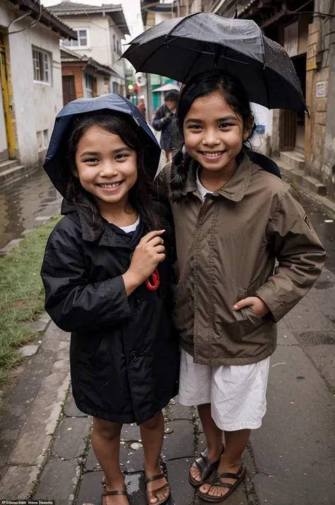 Many village children on the streets were wearing umbrellas happily smiling