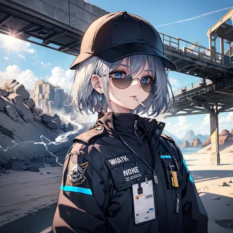 (((Smoke a cigarette　Wear sunglasses　Security Officer　Wear a hat　1 person)))　(((Gray Hair　Short Hair　blue eyes　girl)))，((noon　wilderness　In the middle of the desert))，(Shining Sun　Rolling Skull)，　Shining Background　Shining Edge