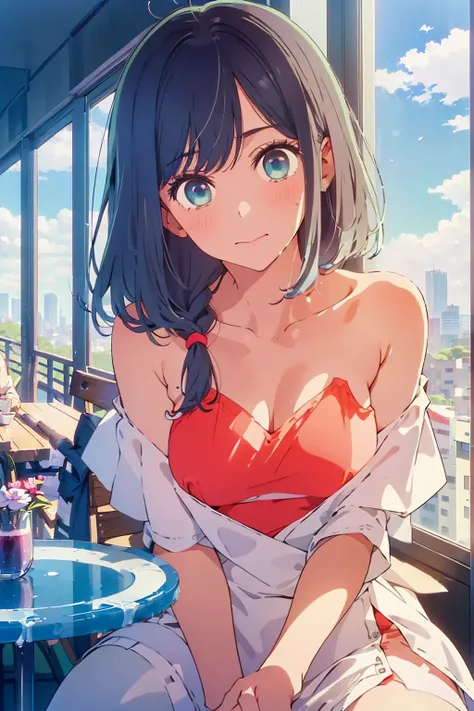 (Highest quality:1.4、8K:1.4、detailed)、F cup bust、Big Breasts、Slim body、Very white beautiful skin、((((1 person、smile、Surprised expression、sit、Chair、 the background are the urban buildings of Tokyo、looking at the camera、Indoor cafe terrace、Navy hair color、St...