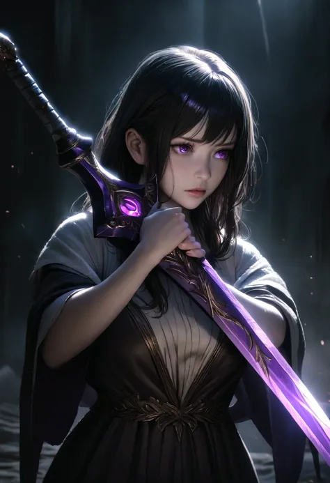 a woman with black hair and white streaks, sad face, holding a large purple sword, detailed eyes, detailed sword, cinematic lighting, masterpiece, 8k, photorealistic, dramatic lighting, moody atmosphere, high fantasy, dramatic pose