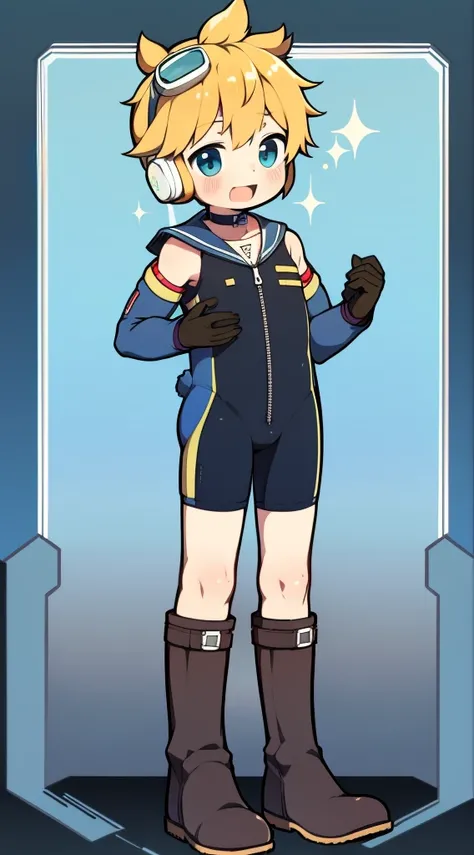 2D Boy Shota，One-piece mountaineering suit，Slim, healthy body，Put the headphones on your head，stand up，goggles，Rabbit ears，happy，Sailor collar，tie，Zipper pulled down，boots