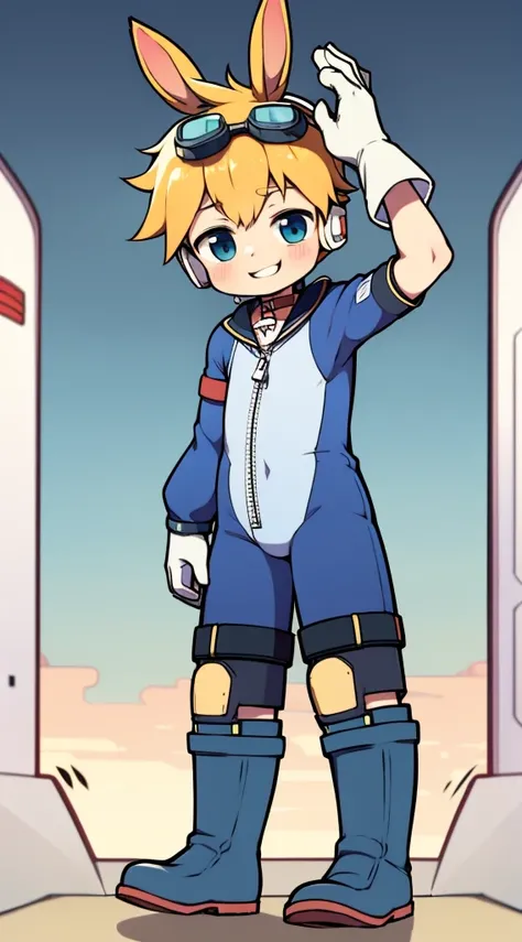 2D Boy Shota，One-piece mountaineering suit，Slim, healthy body，Put the headphones on your head，stand up，goggles，Rabbit ears，happy，Sailor collar，tie，Zipper pulled down，boots