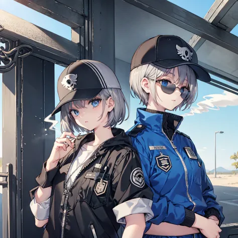 (((Smoke a cigarette　Wear sunglasses　Security Officer　Wear a hat　1 person)))　(((Gray Hair　Short Hair　blue eyes　girl)))，((noon　wilderness　In the middle of the desert))，(Shining Sun　Rolling Skull)，　Shining Background　Shining Edge