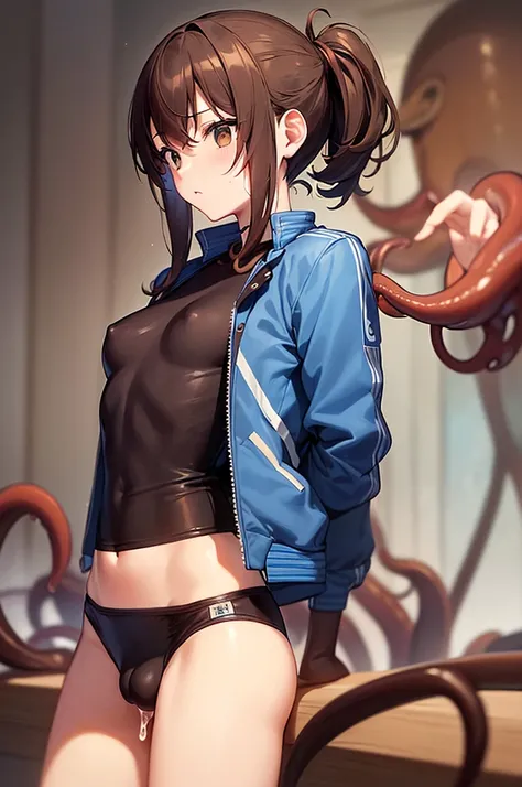 masterpiece, best quality,anime style, 1 girl,(((slender body))), (((small breast))),(((Jacket, Open your clothes, Open jacket, Blue jacket, ground vehicle, Sports Bra, bicycle,buruma))),(((((brown penis tentacles bound the girl))))), ((((restrained, arms ...