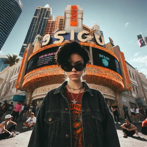 centered, 1girl, 18 yo, black hair, Las Vegas, standing, looking at the viewer, hip hop clothing, sunglasses, low-angle photo from below, shot on Afga Vita 400, natural lighting, city photograph, abandoned casino, big neon signs, heat, desert
