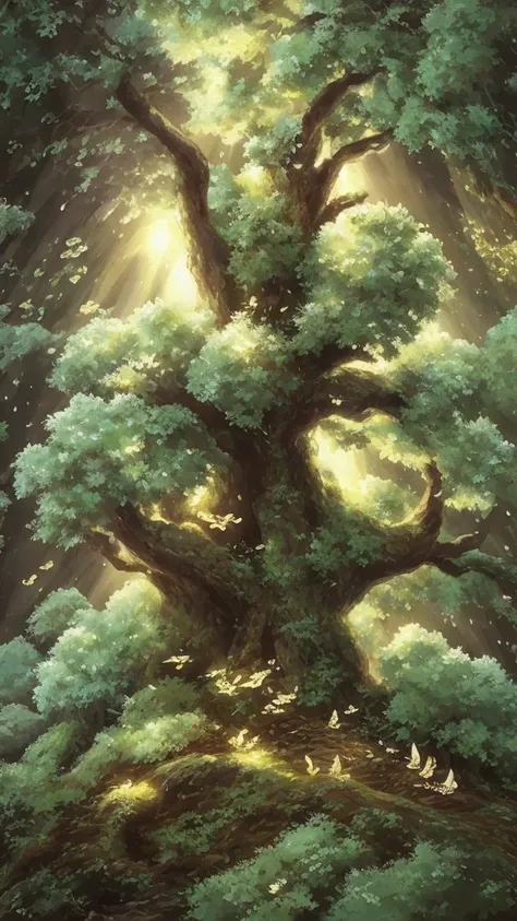 A large ancient tree in a mystical forest with multiple kodama, Japanese tree spirits, scattered around. Some kodama are perched on the branches of the tree, while others are on the forest floor. The kodama have white, slightly translucent bodies, round he...