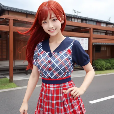 MS. cute、Taisho、Checkerboard Pattern、Beautiful Eyes、Embarrassing、Navy Blue and Red、A special smile、mini skirt、Center of chest、background、日本のTaisho浪漫、red hair long、