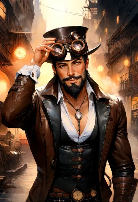 Masterpiece, realistic Handsome Gentleman steampunk, hipster ellegant cute beard man, front camera pose, full portrait, middle age, smiiling, ellegant leather suit, Steampunk Mad Hatter man, digital art 8k, sinful tattooed man,machine background industrial...