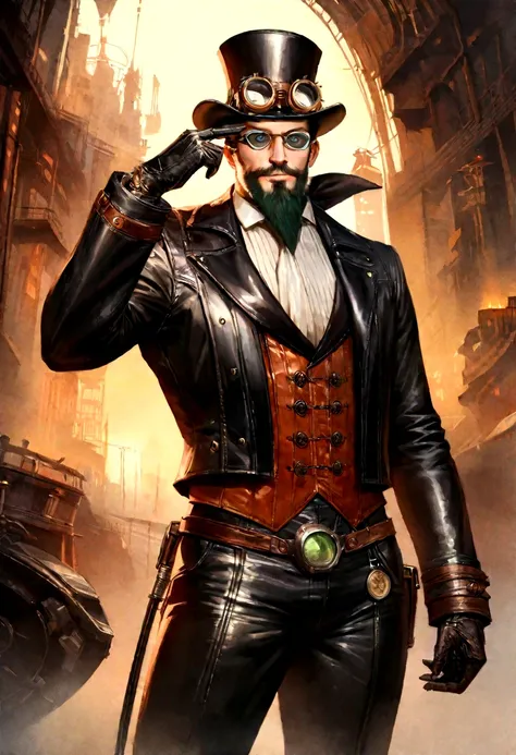 Masterpiece, realistic Handsome Gentleman steampunk, hipster ellegant cute beard man, front camera pose, full portrait, middle age, smiiling, ellegant leather suit, Steampunk Mad Hatter man, digital art 8k, sinful tattooed man,machine background industrial...