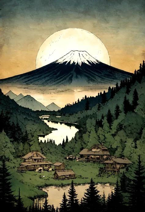 aerial photography, panoramic photography, huge moon, The abodes of the gods are scattered throughout the mountains, Huge residence where ancient Japanese gods lived, the vast grounds, lake, The abodes of some gods are so high that they touch the sky, the ...