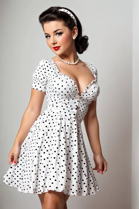 35mm photography sexy pin up girl dressed in a polka dot dress in pinup style white background