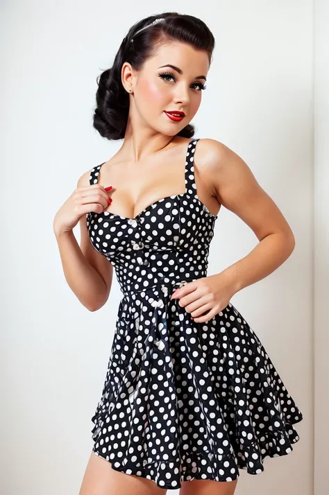 35mm photography sexy pin up girl dressed in a polka dot dress in pinup style white background