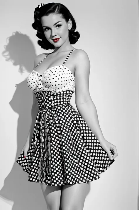 35mm photography sexy pin up girl dressed in a polka dot dress in pinup style white background