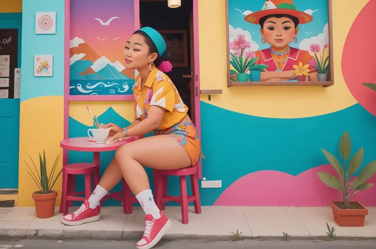 Year: 2023
Country: Tonga
Description: At a local art studio in Haapai, a young artist, donned in a quirky and colorful outfit, passionately paints a mural on the side of a charming cafe. Her creative spirit and unique style captivate passersby, who stop t...