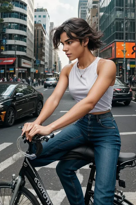 "A young man pedals his bike through the bustling city streets, his focus on the road ahead. Perched gracefully on the back seat, a young woman with wind-tousled hair grips onto his shoulders. They navigate through the maze of traffic, their destination un...