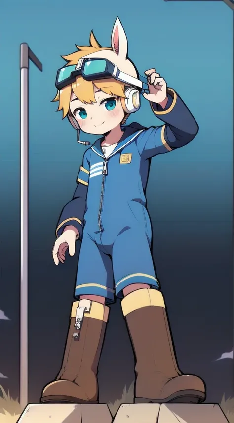 2D Boy Shota，One-piece mountaineering suit，Slim, healthy body，Put the headphones on your head，stand up，goggles，Rabbit ears，happy，Sailor collar，tie，Zipper pulled down，boots