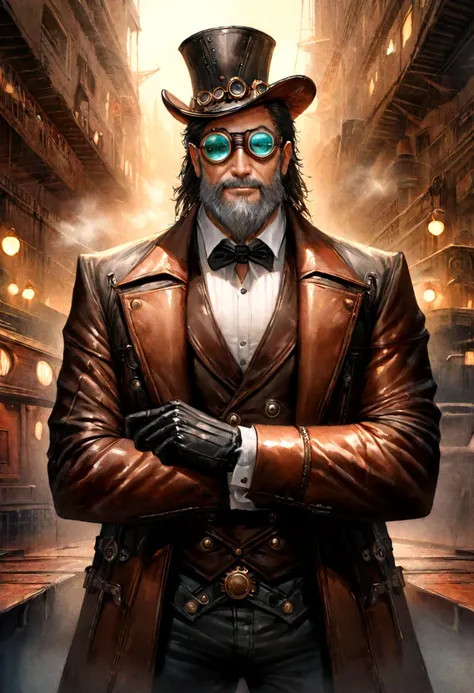 Masterpiece, realistic Handsome Gentleman steampunk, hipster ellegant cute beard man, front camera pose, full portrait, middle age, smiiling, ellegant leather suit, Steampunk Mad Hatter man, digital art 8k, sinful tattooed man,machine background industrial...