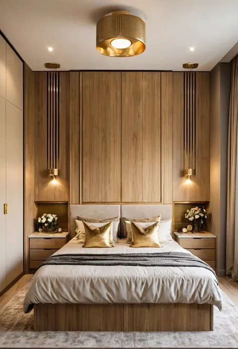 a modern bedroom with a large bed, a decorative headboard, and a built-in wardrobe. the room is decorated in warm neutral tones ...