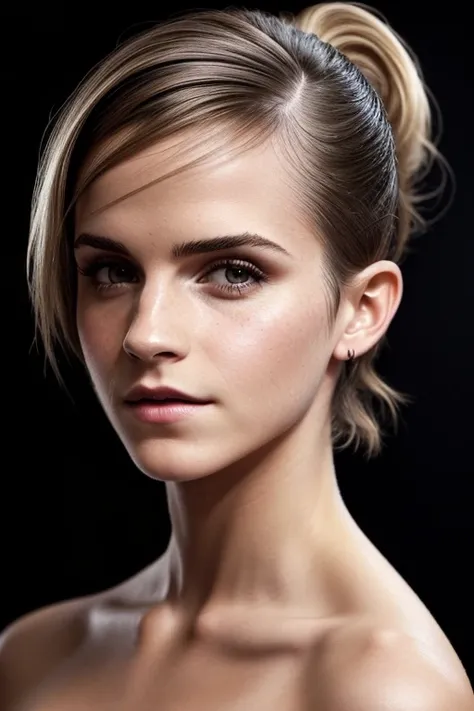 Gorgeous european woman with very short hair, short ponytail with fringe, wet hair, hair slicked back, combed straight back, slick hair, streaked blonde hair, seductive pose, Emma Watson in a revealing, cleavage, solid dark grey background