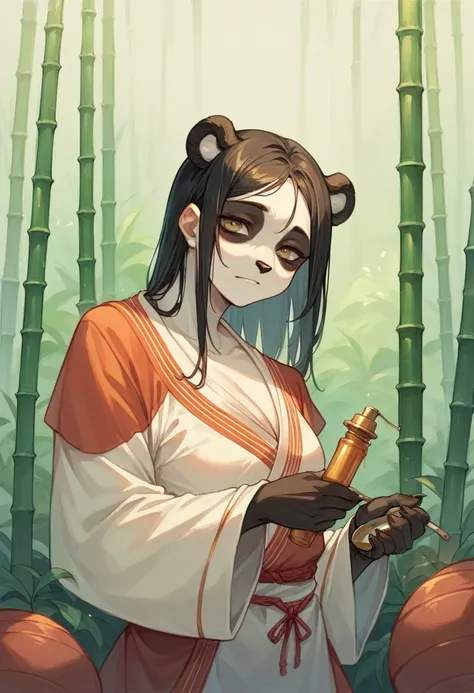 an oil painting of a panda munching on bamboo